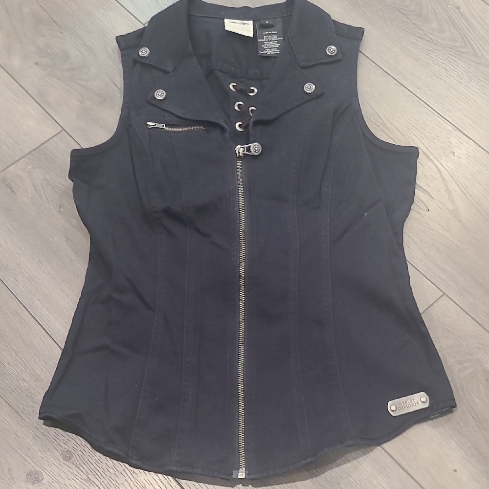 Harley-Davidson Black Sleeveless Zip-Front Tank with Lace-Up Collar